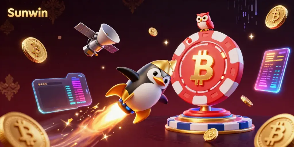 Engage in thrilling gameplay with Sunwin, represented by a golden penguin amidst a vibrant casino space.
