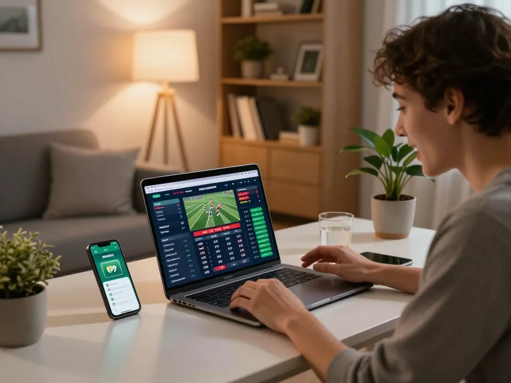 Engaging moment of user placing bets on go99 sports app in a cozy home setting.