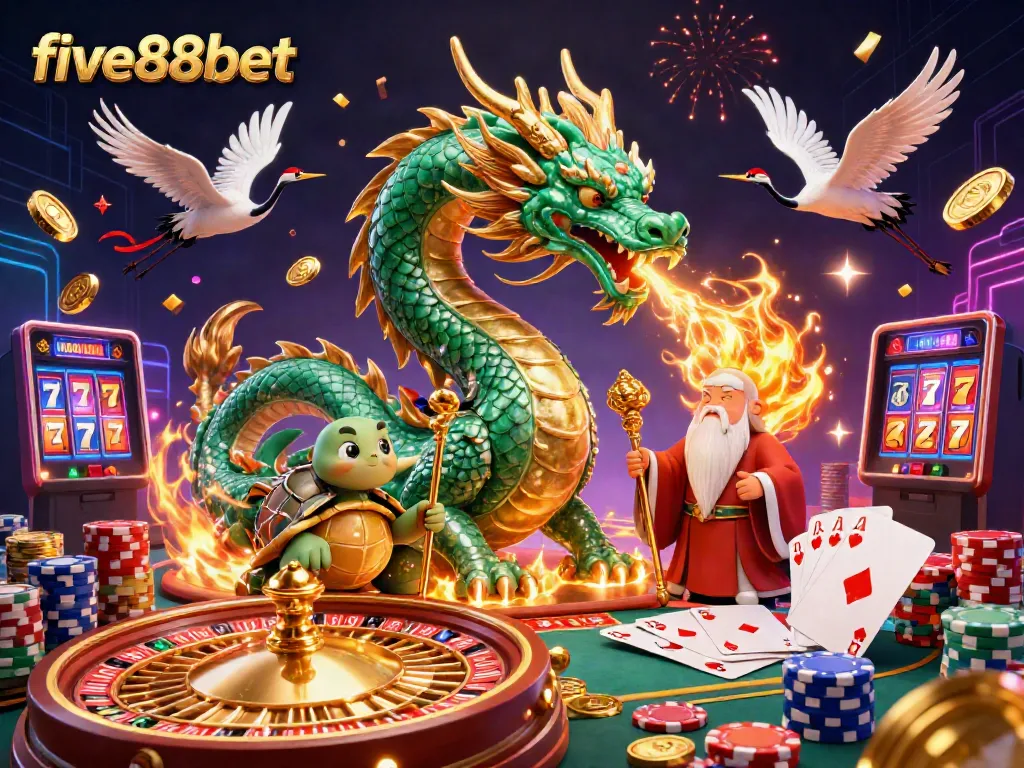 Experience the excitement of five88bet with a vibrant scene featuring a jade dragon and lucky elements.