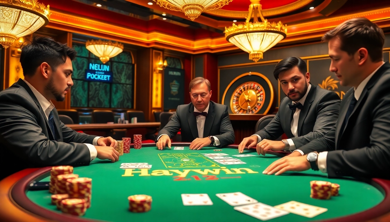 High-stakes poker action at Haywin casino featuring intense players and vibrant ambiance.