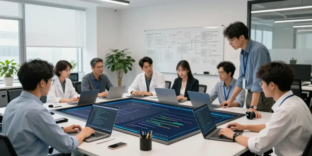 Enterprise AI team actively collaborating on innovative technology solutions in a modern office.