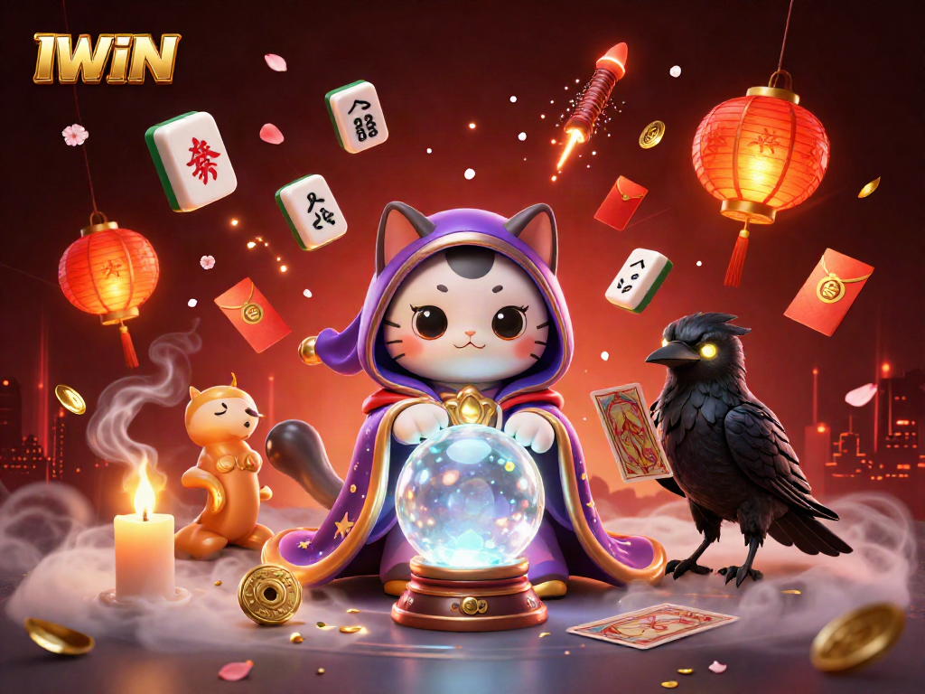 IWIN fortune teller and raven in a vibrant casino scene, evoking mystery and luck.