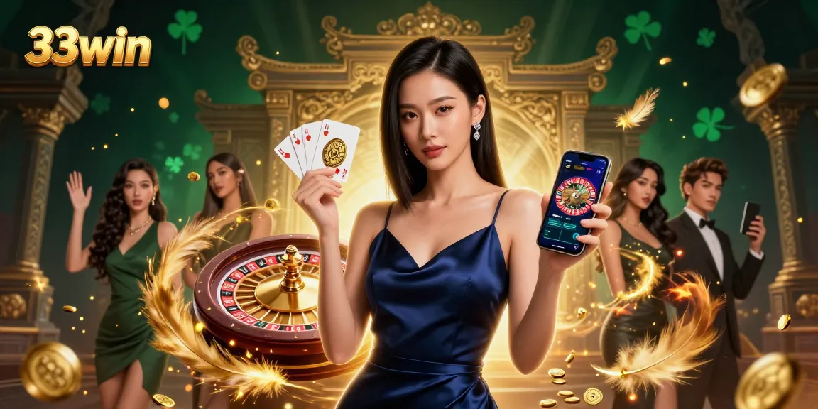 Experience the thrill of 33win with a stunning casino scene featuring an elegant Asian woman and dynamic game elements.