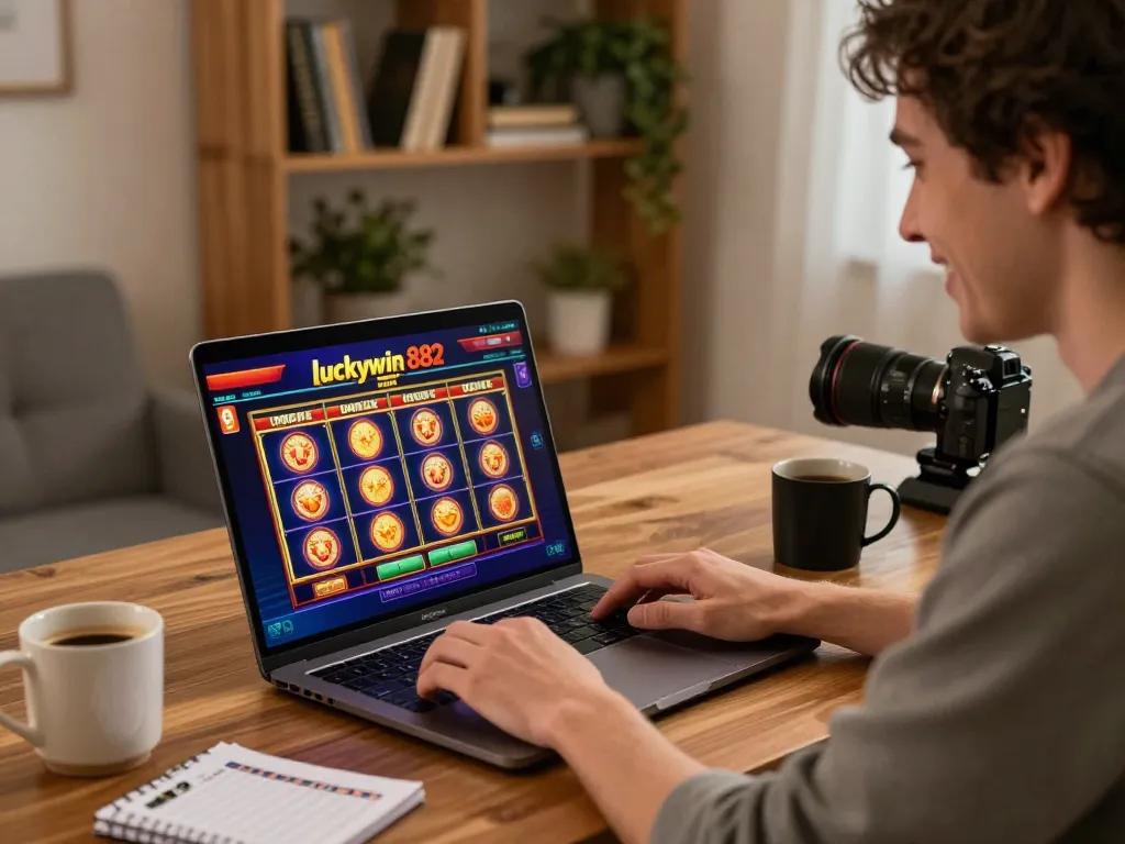 Player enjoying online slots on luckywin 882 at home, surrounded by notes and coffee.