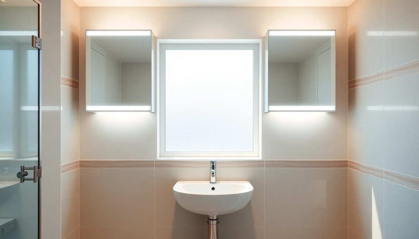 Showcase illuminated bathroom cabinets in a modern bathroom setting highlighting their stylish design.