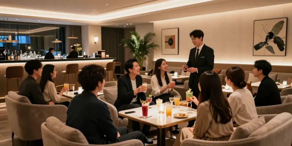 강남타이밍 쩜오의 고급스러운 내부 인테리어, 고객이 즐기는 모습