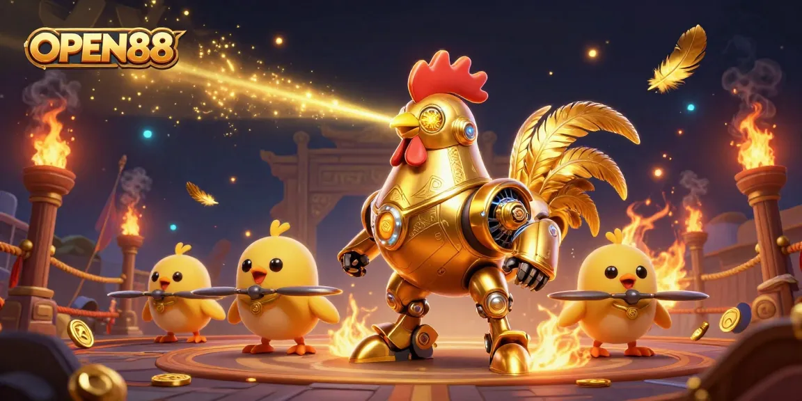 Experience thrilling betting at OPEN88 with a dynamic scene of an epic rooster robot and baby chick drones.
