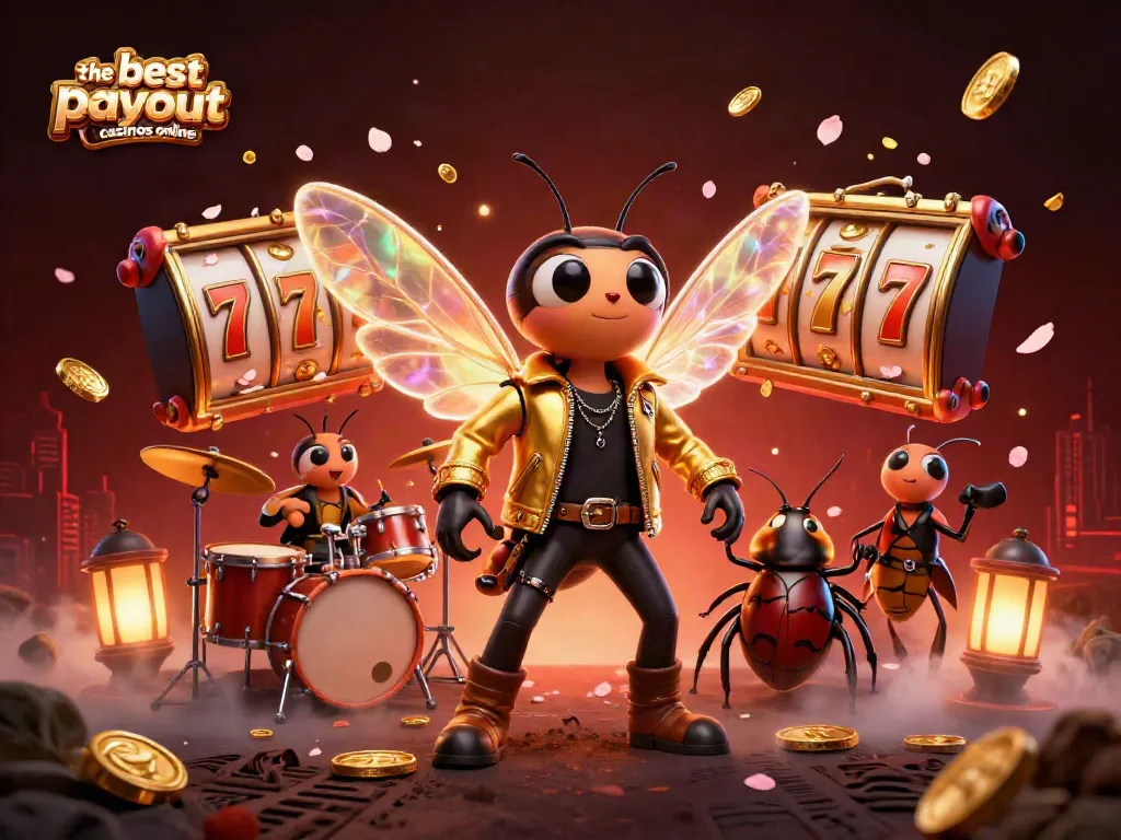 The best payout casinos online feature a vibrant illustration of a cicada rock star with lively slot elements, radiating excitement and energy.