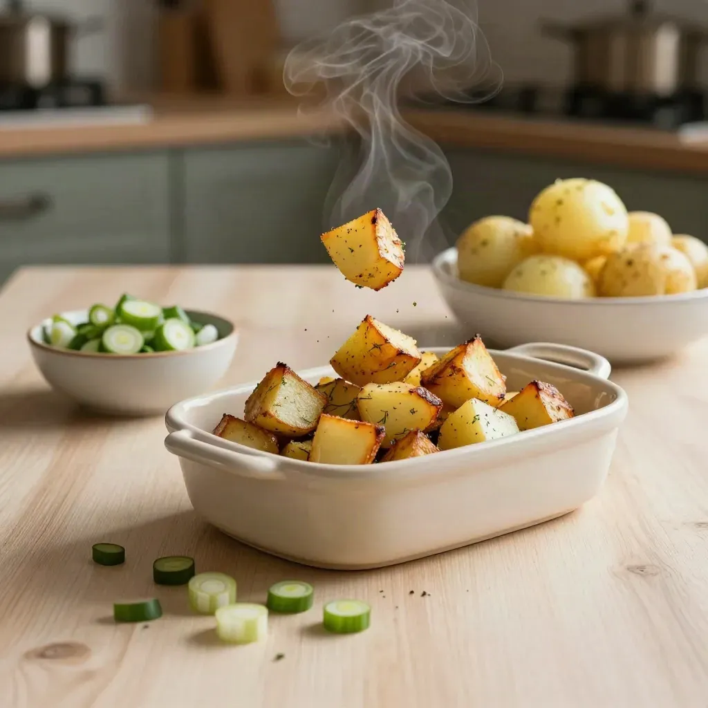 Roasted cubes tumble into a ceramic dish beside dill potatoes and scallions on a steam-lit table.