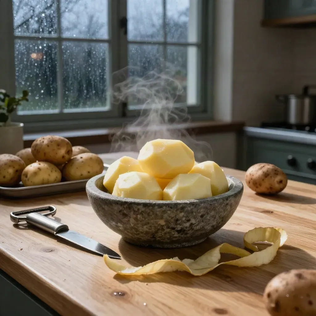 Stone bowl of peeled potatoes with peeler, knife, whole potatoes, peel ribbons and steam by a rainy window.