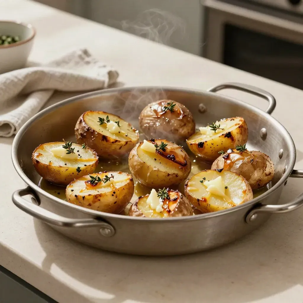 Garlic butter roast potatoes in a tin with thyme, cloves, and a linen towel