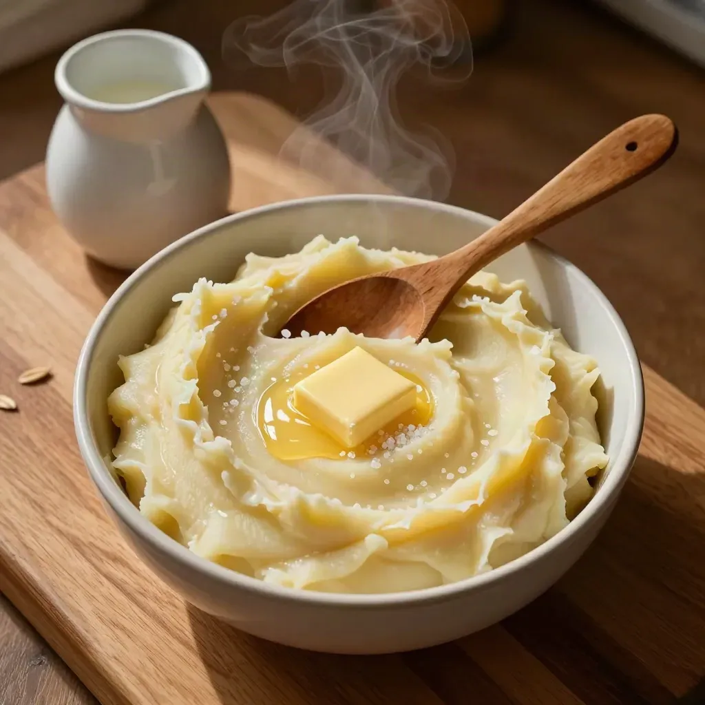 Top-down bowl of glossy mashed potatoes with butter well, spoon, and milk jug in warm kitchen light.