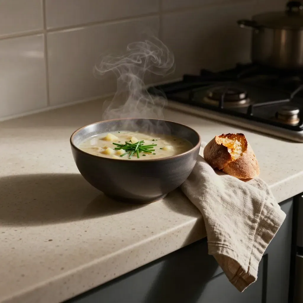 Steaming potato-leek soup with chives, bread heel, and linen napkin beside a dim stovetop.