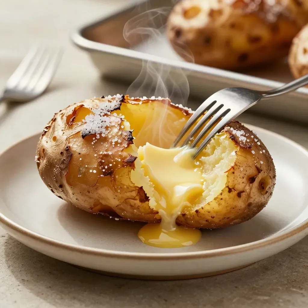Steam opens a baked potato as butter melts into the fluffy center beside a fork.