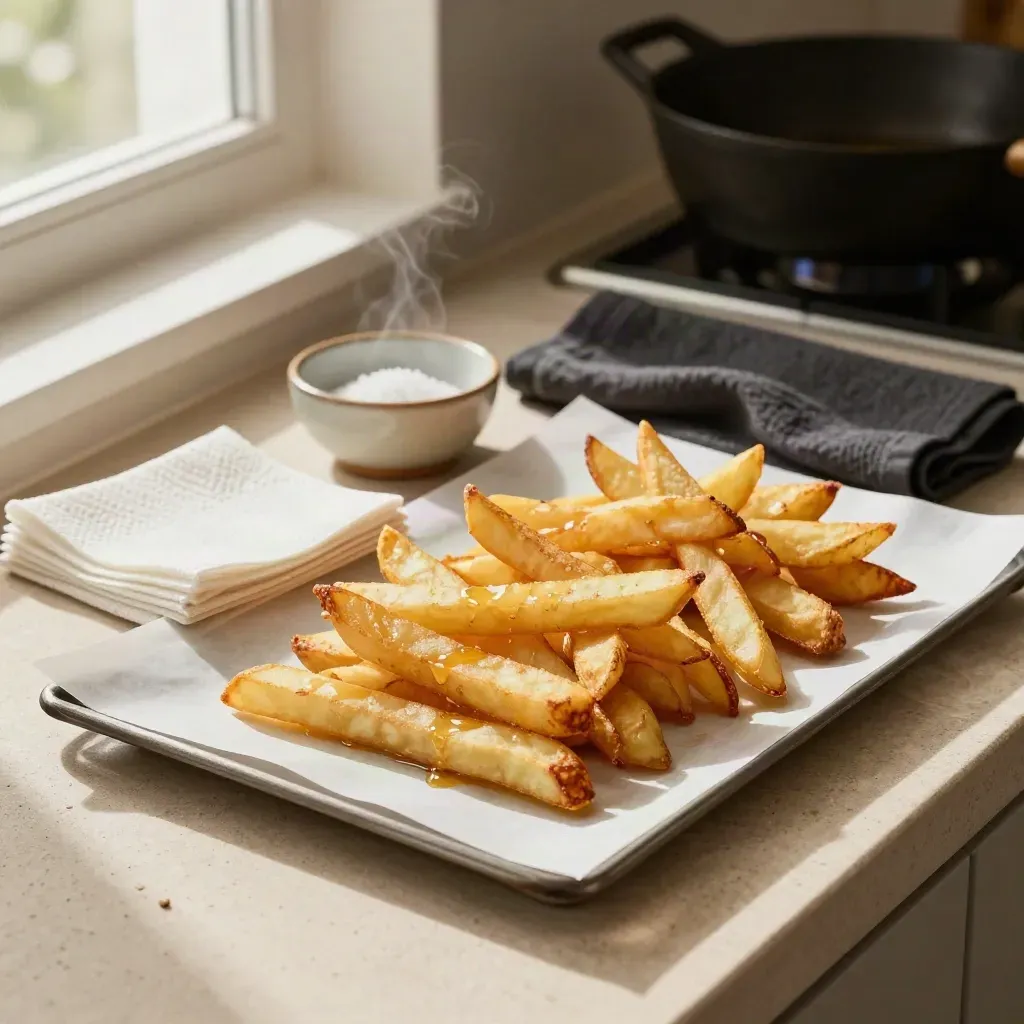 Tray of crisp fries draining with salt bowl and paper towels in a sunlit kitchen.