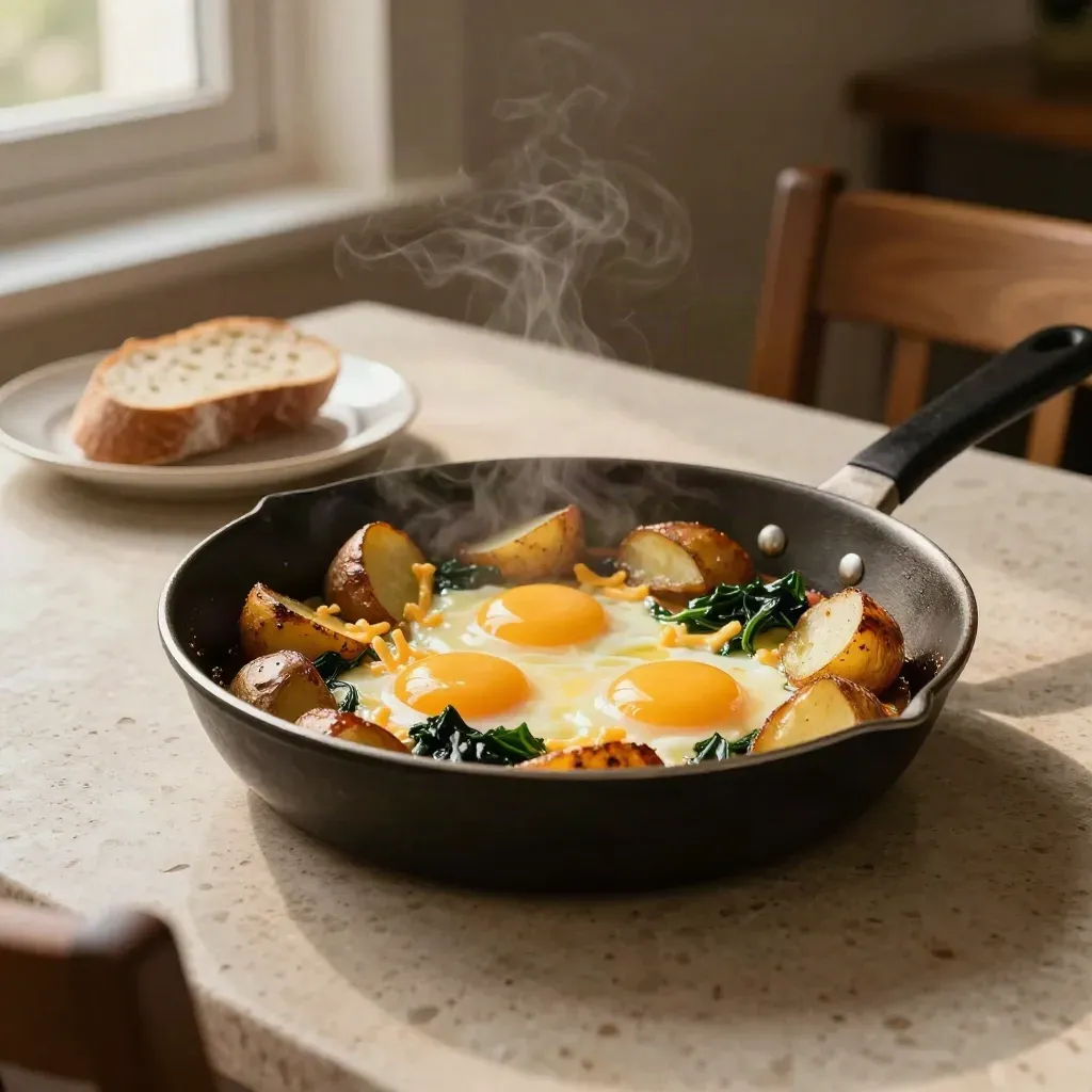 Skillet potatoes with eggs, cheese, and wilted greens on a stone table, softly steaming.