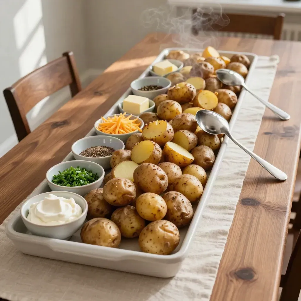 High-angle baked potato bar with toppings, spoons, and rising steam on a long table.