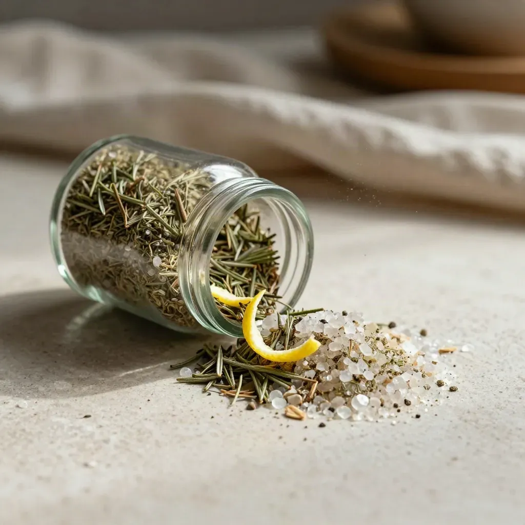 Glass jar of herb salt with rosemary, lemon peel, and sparkling crystals on pale stone.