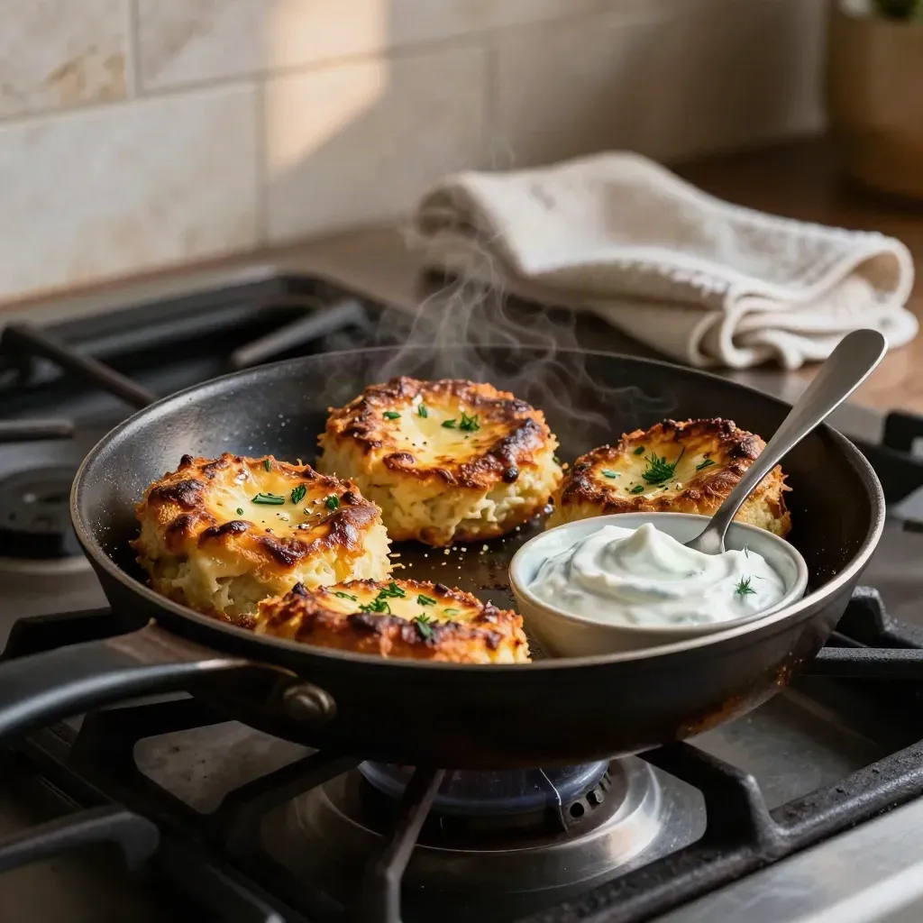 Golden mash cakes frying in a skillet with dill yogurt dip on a stove