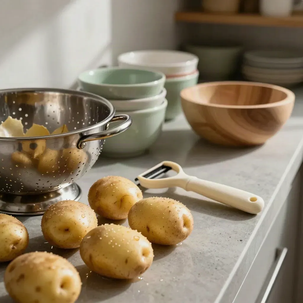 Washed potatoes, colander, peeler, and sage storage bowls on a concrete pantry counter