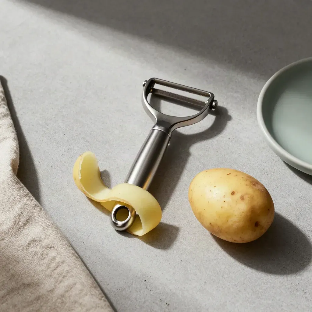 Top-down peeler with curling peel, potato, linen and ceramic dish on concrete.