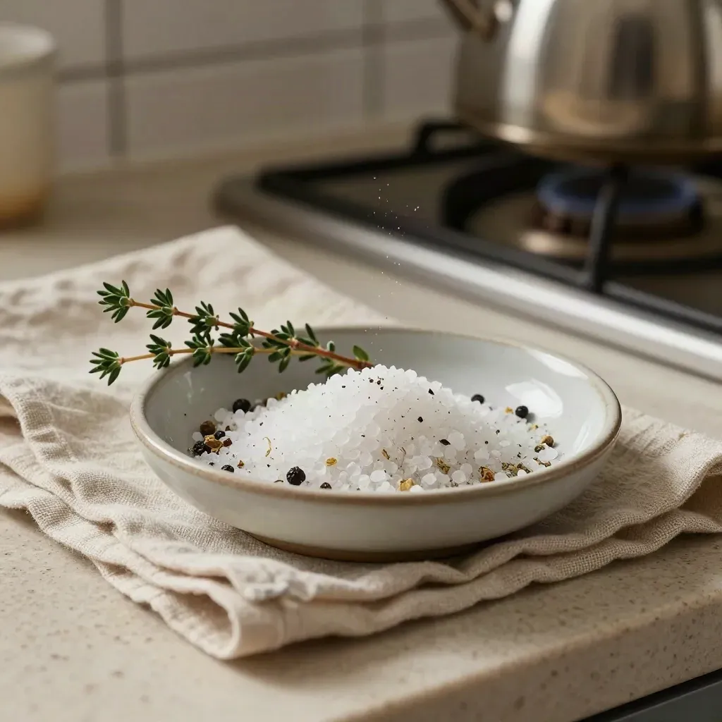Ceramic dish of salt, pepper, herbs, thyme, and linen napkin on a warm kitchen counter.