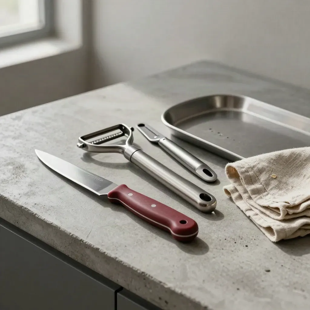 Knife, peeler, masher, and sheet tray on concrete beside folded cloth, soft editorial light.