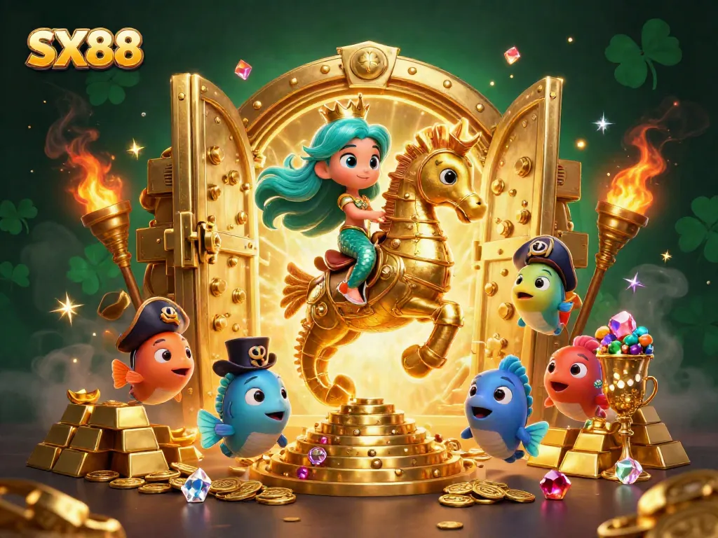 Engaging SX88 themed illustration showcasing a mermaid princess and giant seahorse amidst treasure.