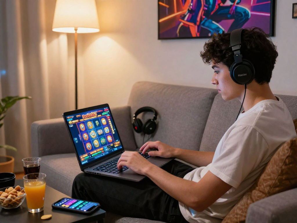 Engaging rokok88 slot login gaming scene in a cozy living room, enjoying online slot gameplay.