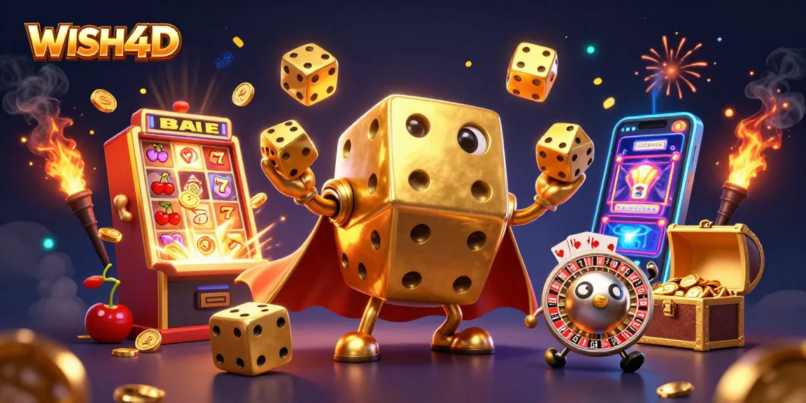 WISH4D showcases a vibrant explosion of casino fun with golden dice, jackpots, and lively game elements.
