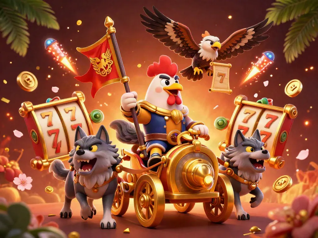 Experience thrilling wins at NOHU with our vibrant 3D casino illustration depicting a rooster warlord and jackpot action.