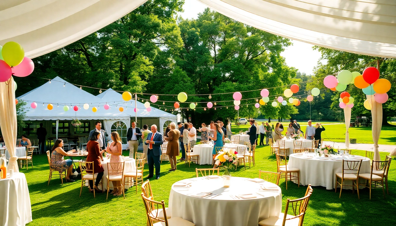 Guests enjoying outdoor party rentals under elegant tents in a beautiful park setting.