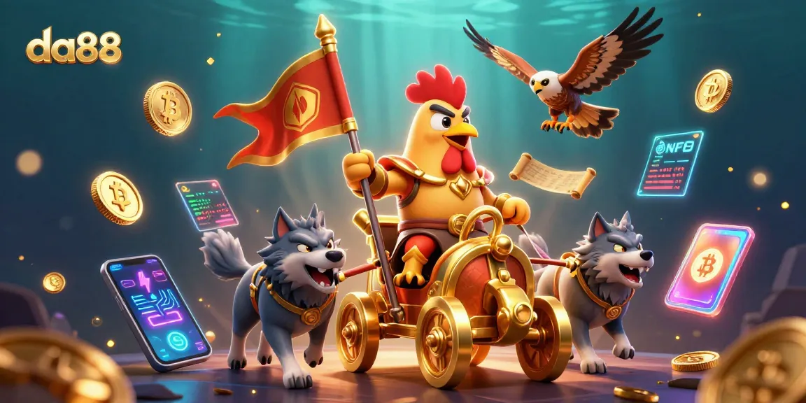 Engage with the fiery da88 gaming scene featuring a rooster warlord in a vibrant digital chariot.