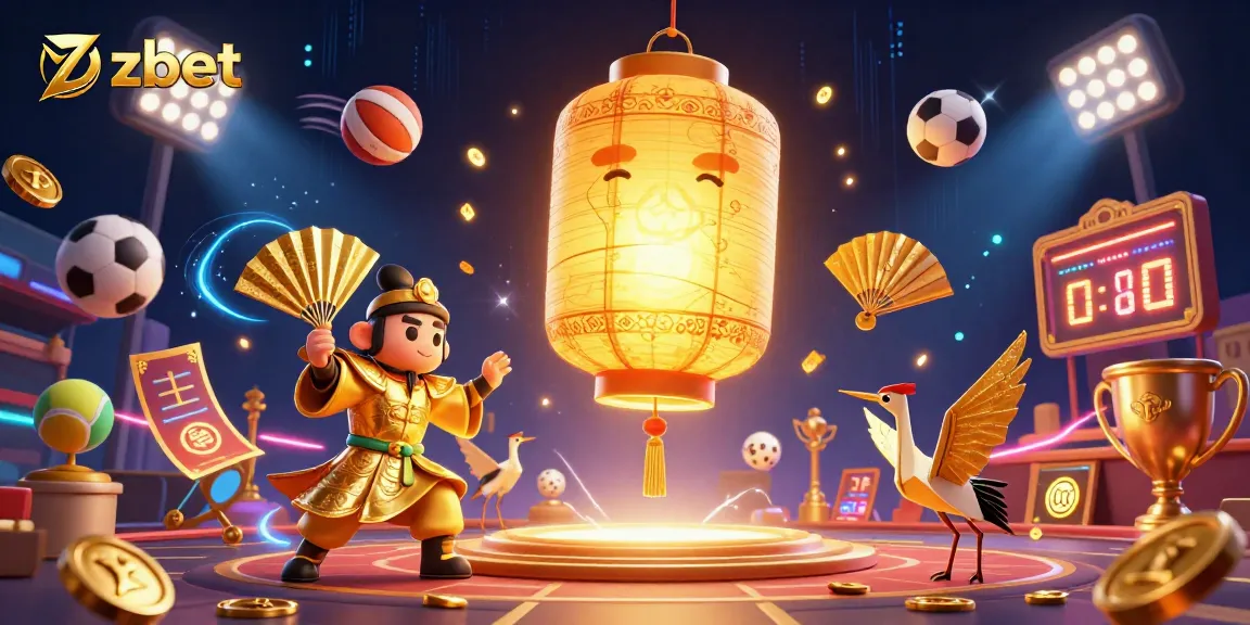 Experience zbet's vibrant casino action with a giant lantern spirit and dynamic sports elements.