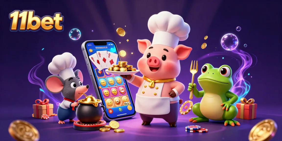 Experience thrilling gameplay with 11bet as a cartoon chef serves gold coins amidst dynamic casino elements.