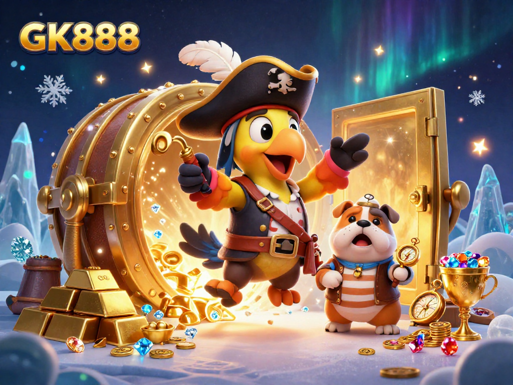 Experience thrilling jackpots at GK888 with a lively 3D pirate scene filled with treasures and gold.