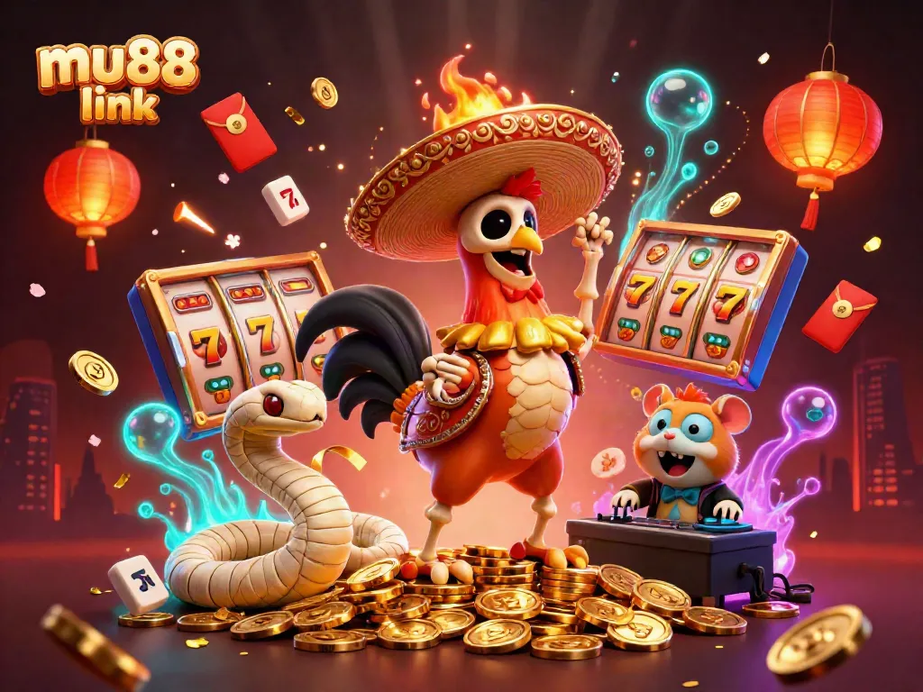 Experience thrilling mu88 link with a skeleton rooster celebrating on golden coins amidst vibrant casino symbols.