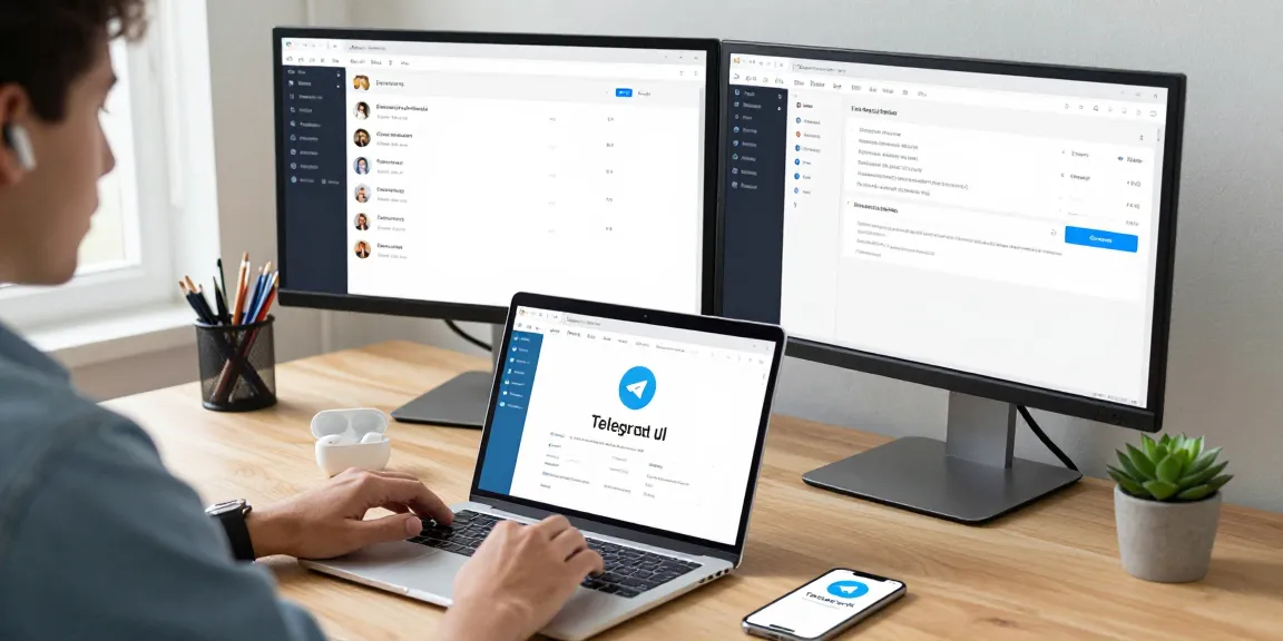 IT professional using Telegram Web Version in a modern workspace with dual monitors and laptop.