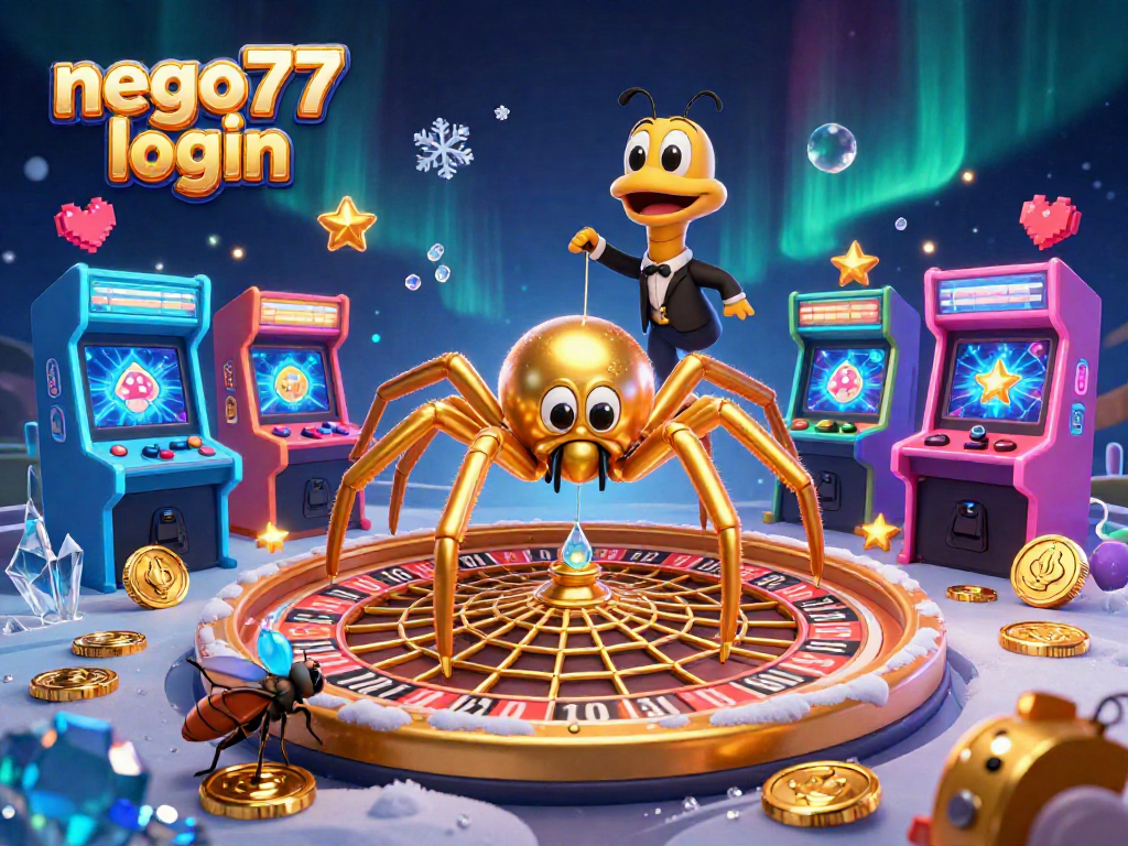 Experience the excitement of nego77 login with vibrant casino-themed 3D artwork featuring interactive game elements.