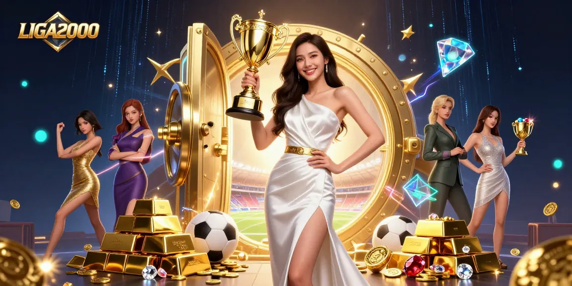 Rasakan sensasi LIGA2000 dengan seorang wanita Asia yang meraih kemenangan sambil memegang trofi di latar belakang kasino yang ramai.