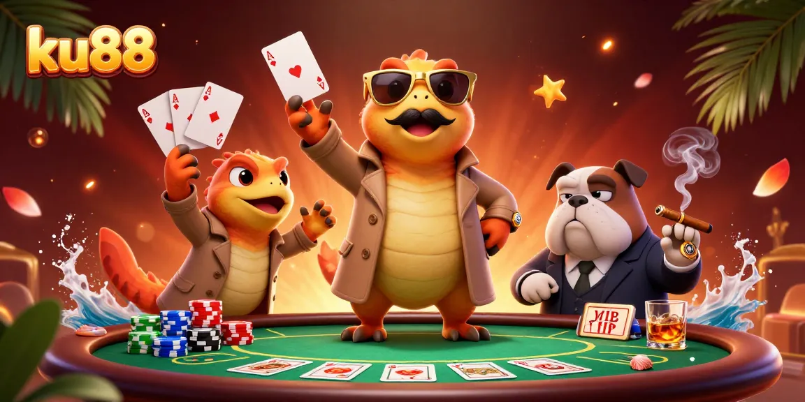 Raptors in a trench coat try to enter a ku88 VIP casino lounge amid poker chaos.