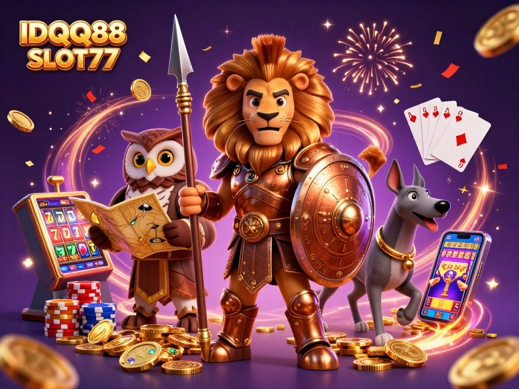 Engage in exciting gameplay with IDQQ88 SLOT77 featuring a Spartan lion and dynamic casino action.