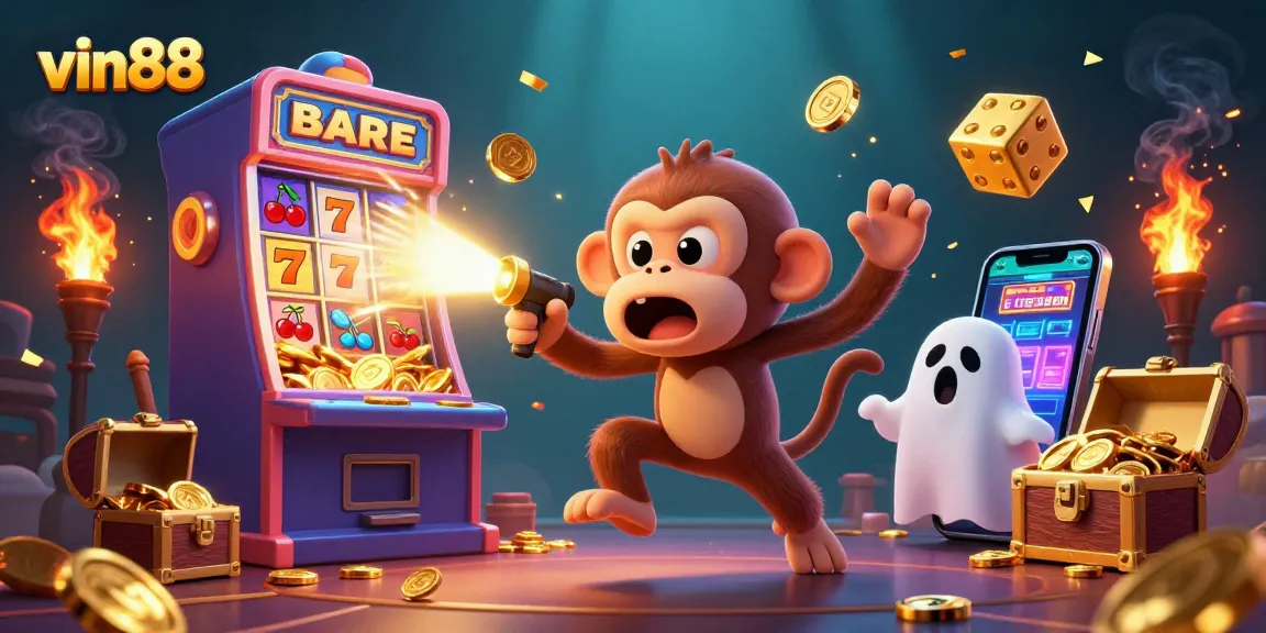 Experience thrilling gameplay at vin88 with a vibrant casino scene, featuring a mischievous monkey and ghost-hunter puppy.