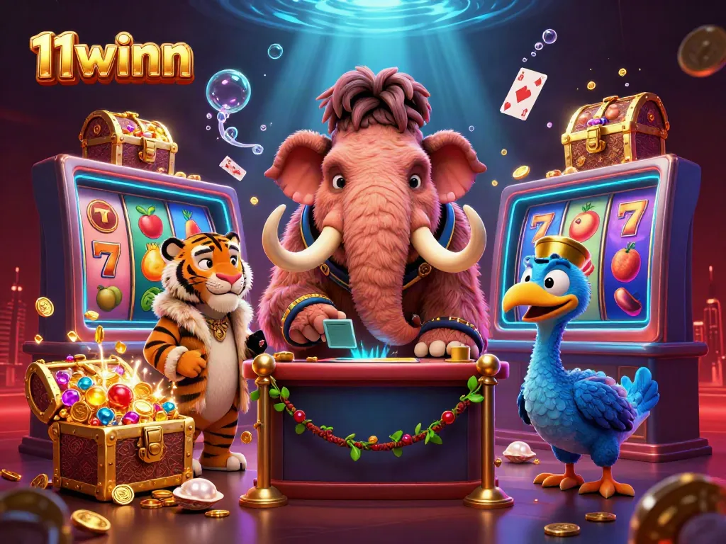 Engage in thrilling gameplay at 11winn featuring a mammoth bouncer, VIP saber-tooth guest, and vibrant slot machines.