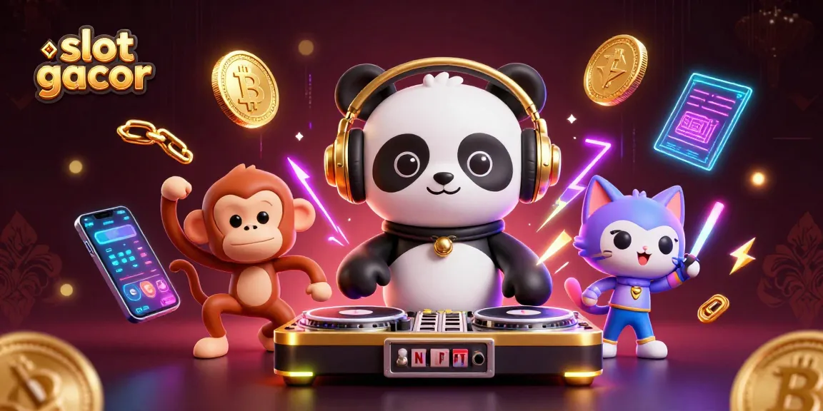 Engage with slot gacor fun in a vibrant 3D party scene featuring a DJ panda, dancing monkey, and glowing kitten.