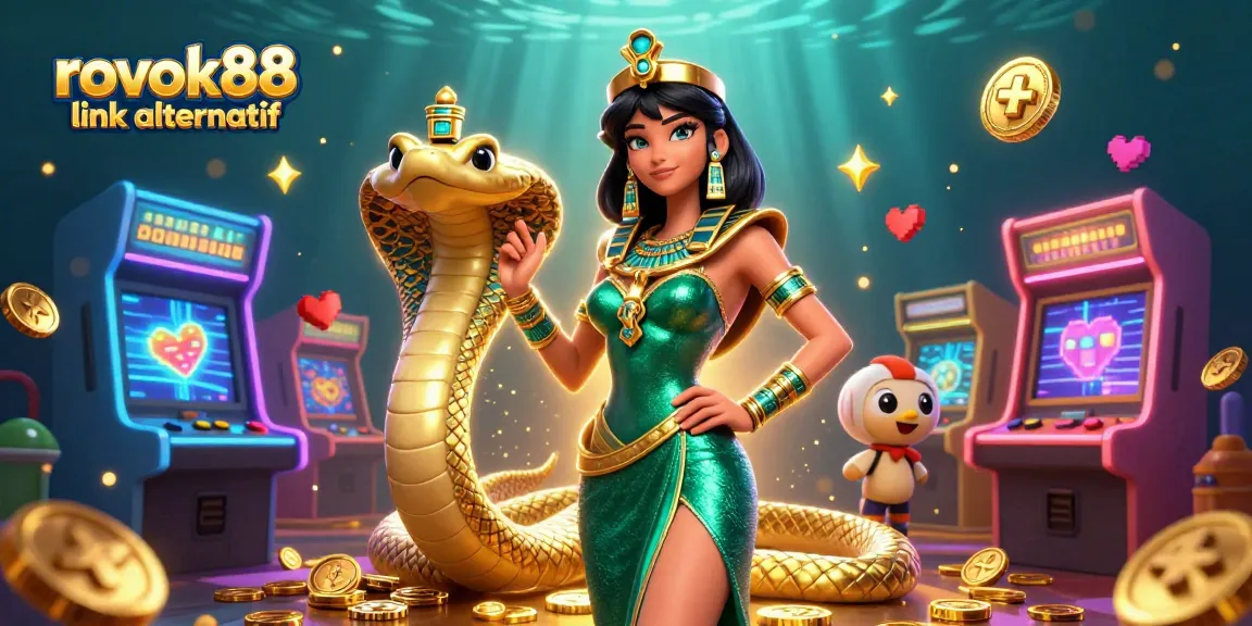 The vibrant scene featuring rokok88 link alternatif showcases a stunning woman in emerald gown and a golden cobra among casino-themed game elements.