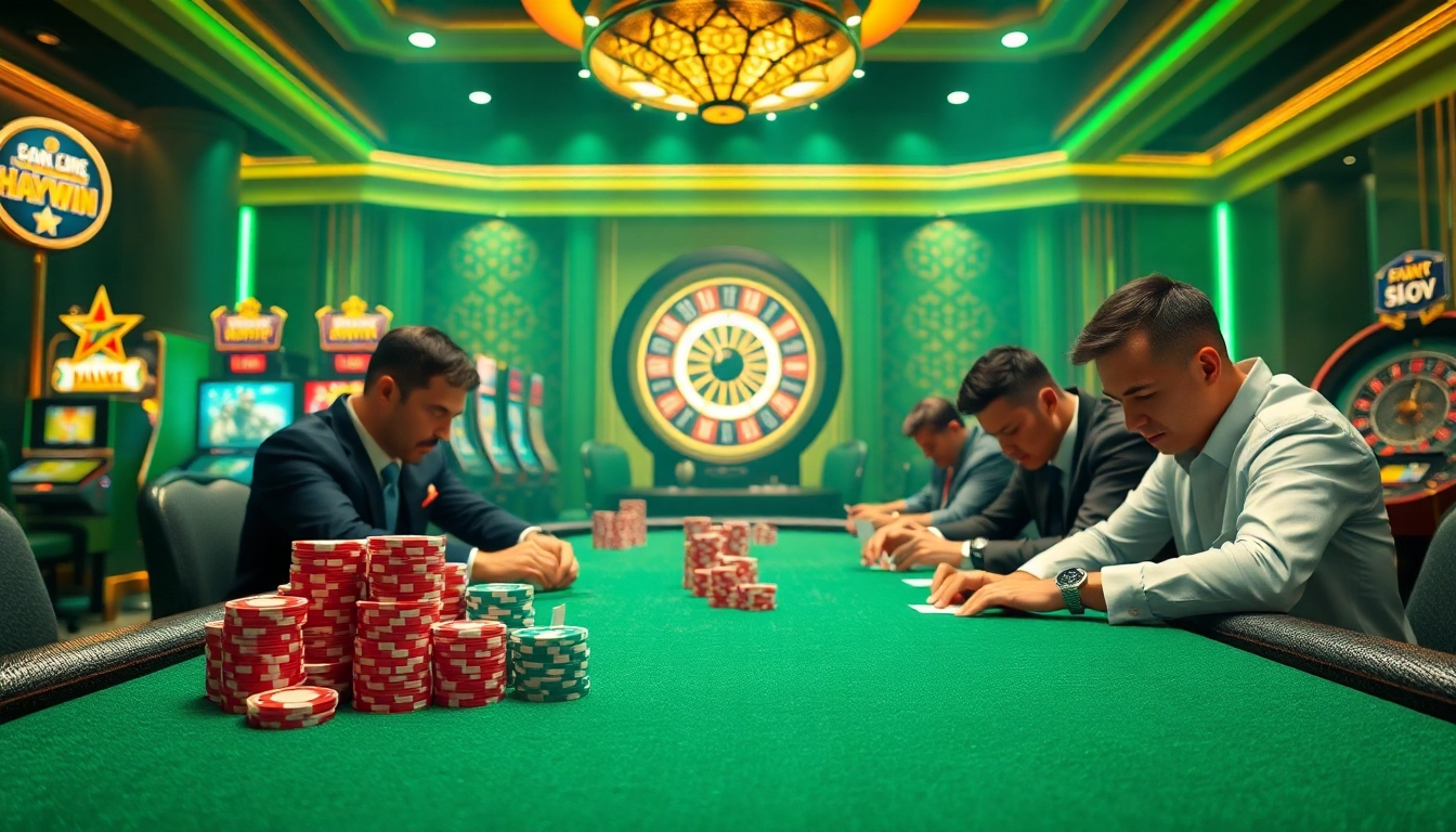 Players enjoy a thrilling poker game at Haywin's vibrant casino, showcasing exciting gameplay and luxurious atmosphere.