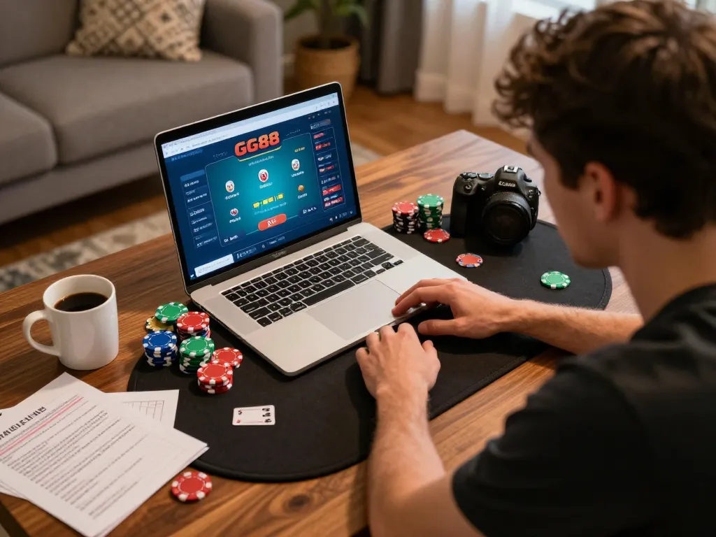 Player enjoying an engaging poker game on GG88 platform from home, showcasing chips and strategies