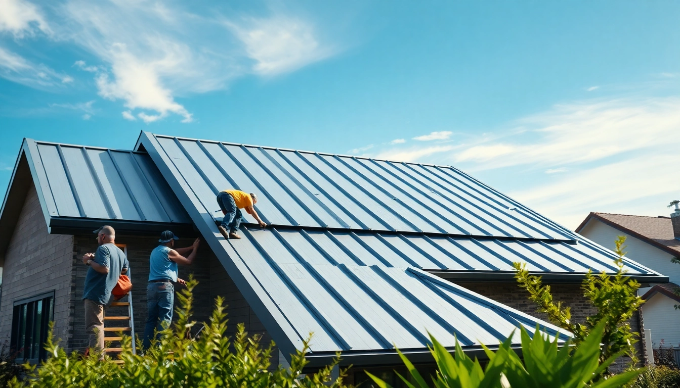 Metal roofing installation highlighting sleek surfaces and expert craftsmanship in a residential setting.