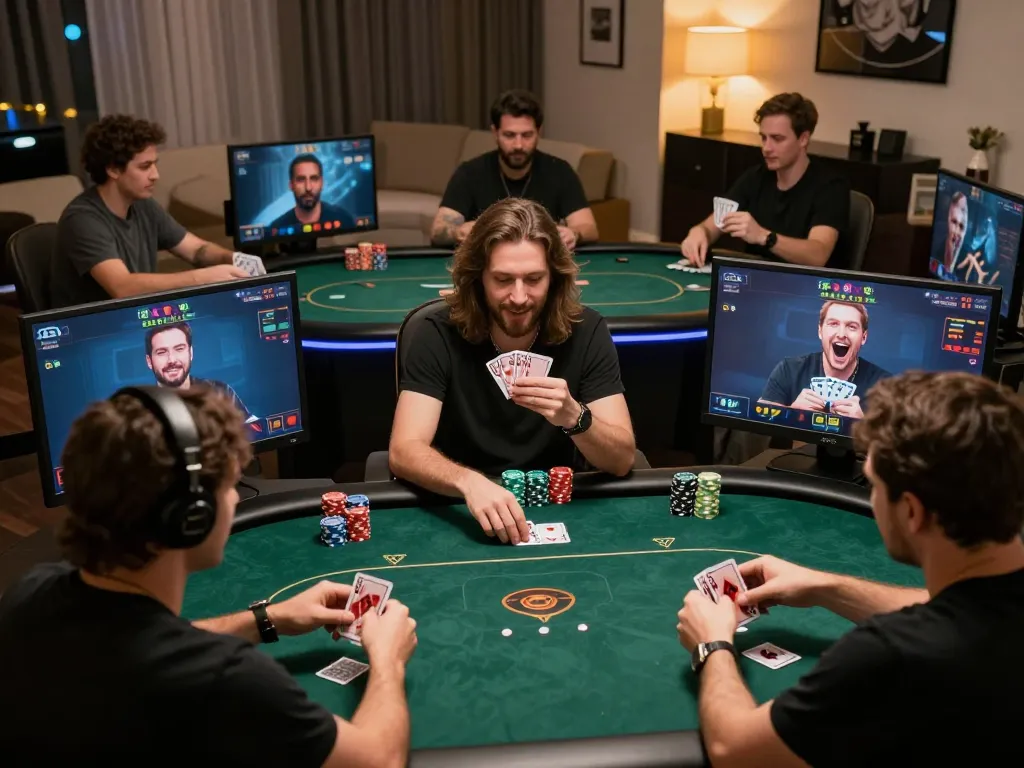 Engaging online poker gameplay scene, showcasing cổng game uy tín with players strategizing in a vibrant home environment.